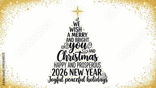 Merry Christmas and Happy New Year 2026 greetings with festive tree design and sparkling golden confetti