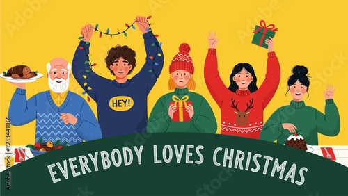 An artistic illustration showcasing a diverse group of people celebrating the festive spirit of Christmas with traditional decorations and gifts