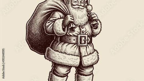 Timeless Engraving of a Joyful Bearded Elder, Dressed in Traditional Winter Garb, Bearing a Hefty Sack of Gifts, Radiating the Essence of Festive Generosity and Holiday Spirit