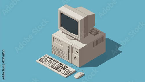 Retro beige desktop computer tower with monitor, keyboard, and mouse on a blue background