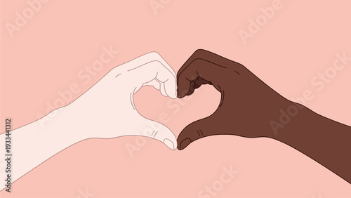 Interracial hands forming a heart shape, a powerful symbol of love, unity, diversity, and equality, illustrating connection and harmonious relationships