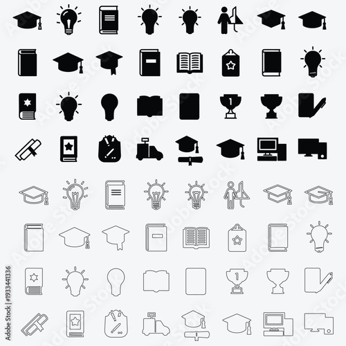 A collection of various black and white icons representing education learning and knowledge on a plain white background for design and informational purposes
