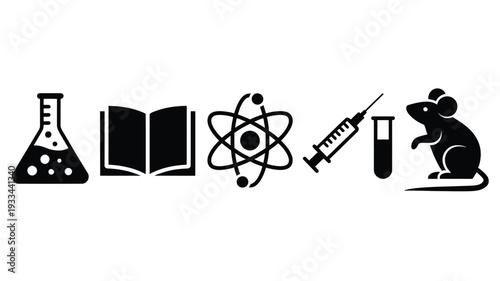 A clean and simple vector illustration showcasing various science and education elements including a beaker, open book, atomic structure, syringe, test tube, and a lab mouse.