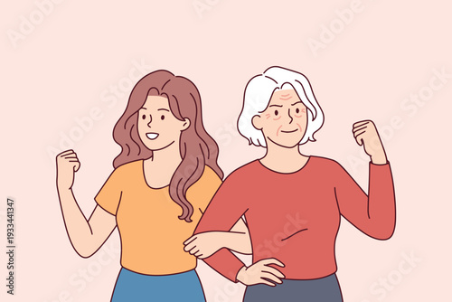 March 8 celebration of intergenerational strength with grandmother and granddaughter flexing biceps for International Women's Day empowerment and female solidarity