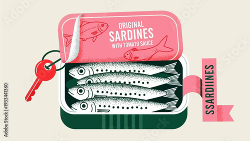 Stylized illustration of an open can of sardines in tomato sauce with a distinctive red key, depicting a healthy and convenient seafood meal in a modern flat art style
