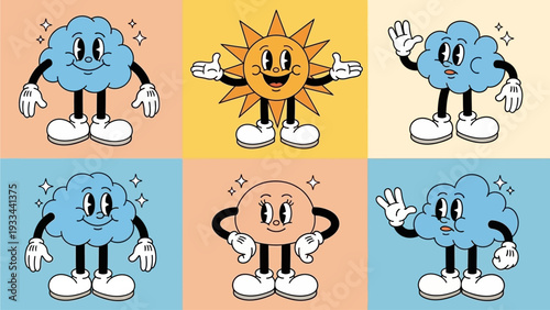 Retro Cartoon Weather Characters Sun, Clouds, and Moon with Sparkles and Stars