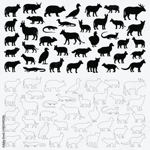 A collection of animal silhouettes on a white background with a lower section of unclear markings