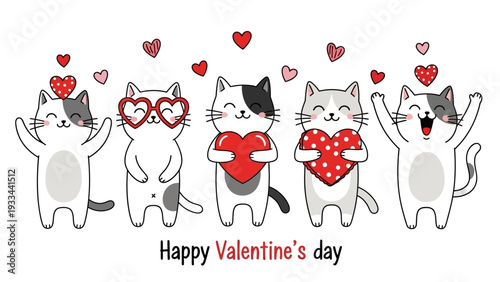 Cute cartoon cats celebrating Valentine's Day with hearts and smiles, a charming illustration for greetings and decorations