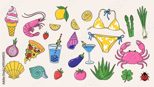 Vibrant collection of hand-drawn summer vacation essentials, fresh produce, seafood, and refreshing drinks for a cheerful seasonal design elements