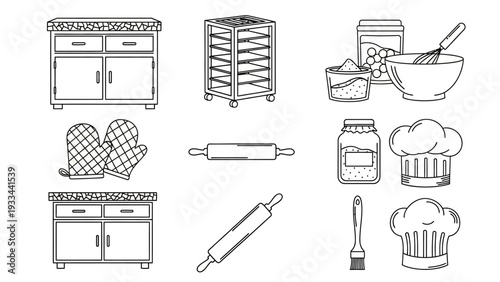 Comprehensive Collection of Baking and Culinary Essentials, Featuring Hand-Drawn Outline Illustrations of Kitchen Tools, Ingredients, and Equipment for Food Preparation and Cooking Activities
