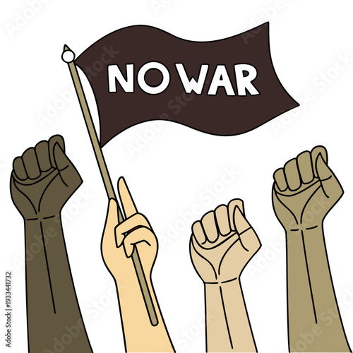Diverse raised hands with NO WAR flag symbolizing global plea for peace unity and end to conflict