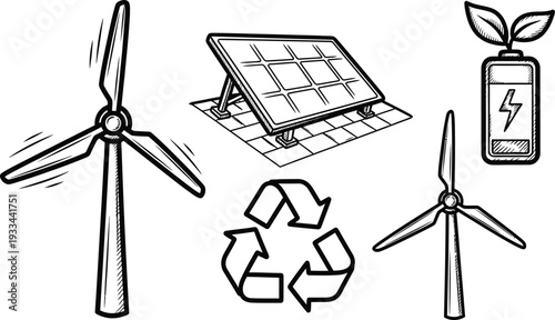 Clean energy symbols: wind turbine, solar panel, battery, and recycle icon