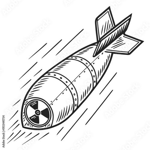 Stylized black and white nuclear bomb with radiation symbol and tail fins descending rapidly for military concepts