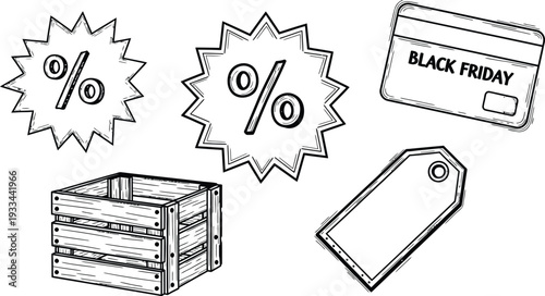 Hand-drawn set of Black Friday sale icons including percentage signs, credit card, tag, and wooden crate