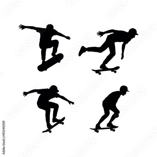 Four skateboarder silhouettes