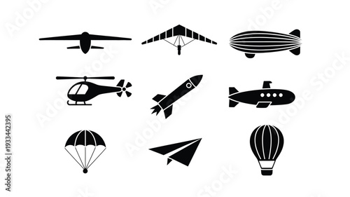 A clean and modern vector illustration featuring a collection of various aircraft and flying objects, including a helicopter, airplane, blimp, and more, in a flat design style.
