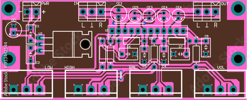 Vector printed circuit board of electronic device with components of radio elements, conductors and contact pads placed on pcb. Engineering technical educational drawing. Computer technic cad design. 
