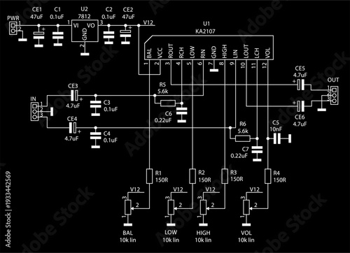 Schematic diagram of electronic device on sheet of paper. Vector drawing electrical circuit with
capacitor, resistor, integrated circuit of volume control, voltage converter, other components.