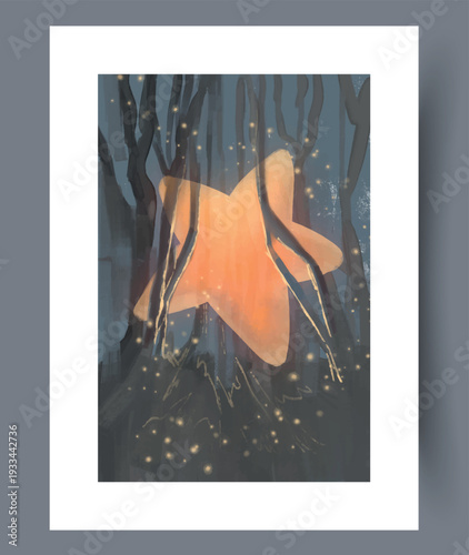 Star Glows Softly. Radiant Star Gracefully Drifts Amid Hazy Trees Illuminated By Gentle Golden Glow