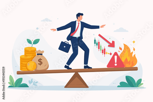 Businessman balancing on a seesaw between profit and risk, featuring gold coins, money bags, fire, and a falling stock market chart. Concept of financial risk management and investment strategy.