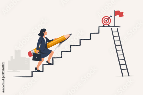 Ambitious businesswoman drawing her own career path with a giant pencil, climbing stairs towards a target and flag. Concept for business development, success, strategy and goal achievement.