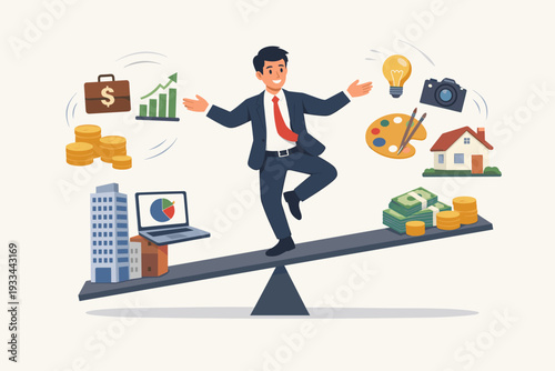 Businessman Balancing and Juggling Main Job and Side Hustle Responsibilities on a Seesaw, Concept of Work Life Balance, Financial Management, Career Growth, and Multitasking Vector Illustration.