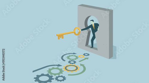 Business solution vector concept with a businessman reaching through a keyhole wall to grab a golden key. Illustration of overcoming obstacles, strategic success, innovation, and unlocking growth.