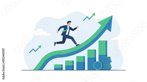 Businessman running up a large green and blue arrow symbolizing company growth, revenue increase, and financial success. Flat vector illustration of profit gains and career advancement goals.