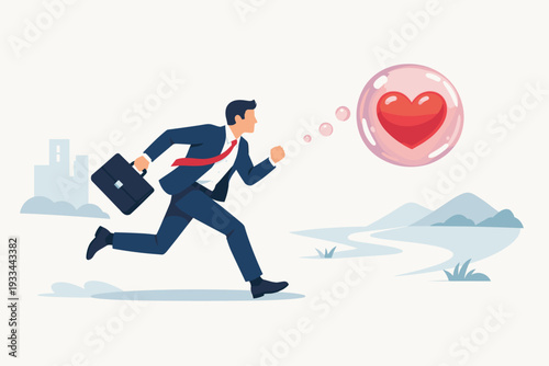 Professional businessman running to catch a heart in a bubble, symbolizing following your passion, career motivation, finding a dream job, and work-life balance in a flat vector illustration.