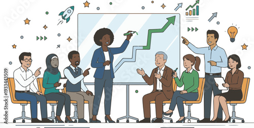 Female leader presenting growth chart to diverse office team