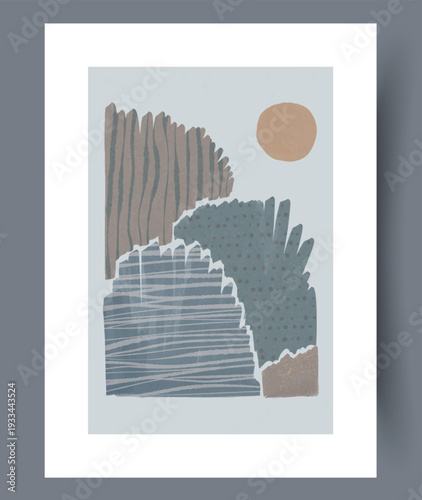 Serene Seaside Art. Simplified Coastal Scene With Layered Forms And Twilight Ambiance In Calming Tones