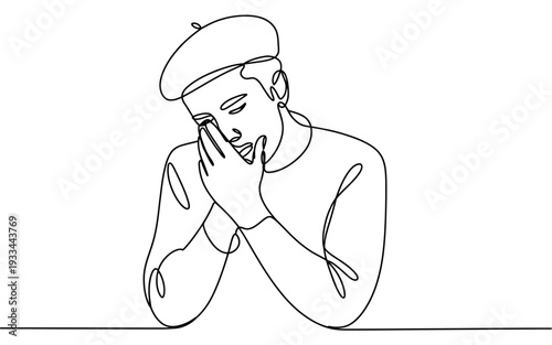 A man in a beret is yawning and covering his mouth with his hand in a simple line drawing.