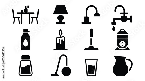A set of black vector icons on a white background, featuring various household items in a flat design style, perfect for use in graphic design projects, websites, or applications.