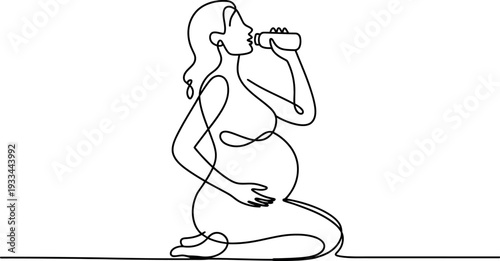 A pregnant woman stays hydrated while kneeling and drinking water in a simple line drawing