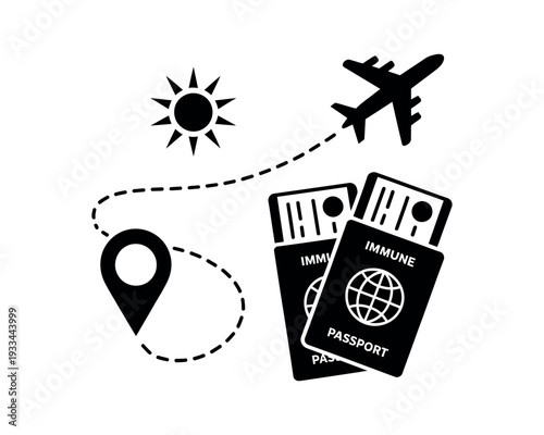 A graphic illustration of travel documents and symbols for a journey
