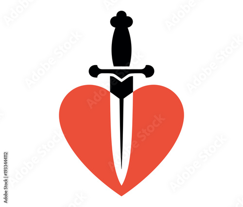 A symbolic illustration of a dagger piercing through a heart on a white background