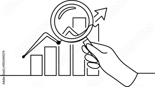 A hand holding a magnifying glass over a line graph with an upward trend