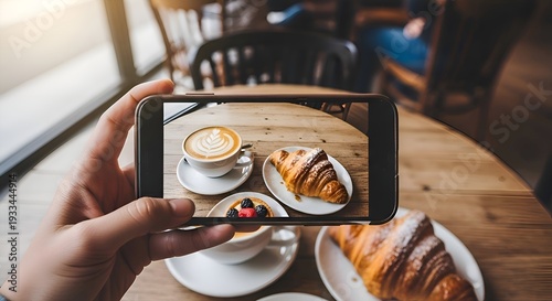 Lifestyle Coffee Photography Scene with Smartphone Capturing Latte and Pastries in Cozy Café