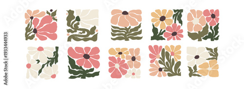 Matisse Abstract Flower art set. Organic Floral curves aestethic. Hand Drawn in trendy naive retro 60s 70s. Isolated Contemporary Vector Illustration in muted earthy tones