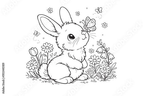 Adorable bunny with butterfly among flowers coloring page for kids. concept of easter fun, cute animal illustration, springtime art, black and white design, children's activity