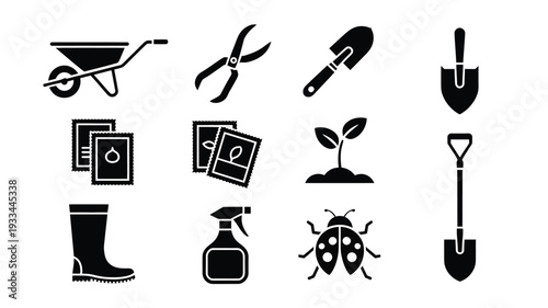 A clean and simple vector illustration featuring a collection of gardening tools and icons in flat design style, perfect for use in gardening or agriculture related projects.