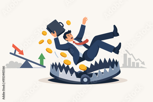 Businessman falling into a trap with gold coins, symbolizing financial risk, economic crisis, investment failure, and bankruptcy. Vector illustration of market crash and loss of money balance.