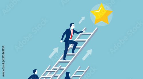 Businessman climbing a ladder to reach a glowing star, representing career growth, ambition, and achieving business goals. Concept of success, competition, and professional development in blue.