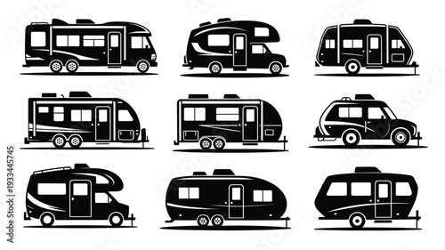A detailed vector illustration featuring a collection of nine different RVs and motorhomes in black on a white background, perfect for travel and automotive themes.