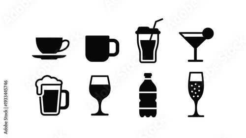 A set of modern flat design vector icons featuring different types of drinks, including coffee, tea, beer, wine, cocktails, and soda, on a clean white background.