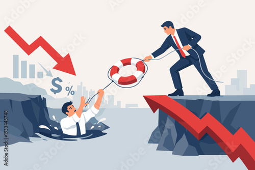 Business Support and Insurance Concept with a Businessman Throwing a Lifebuoy to Rescue a Colleague from a Financial Crisis Whirlpool During an Economic Market Crash with Red Arrows and Money.