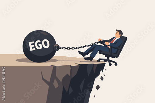Businessman in office chair being pulled into an abyss by a heavy weight labeled ego. Conceptual vector illustration of arrogance and pride leading to professional failure and career downfall.