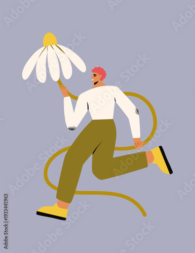 Cover for International Womens Day with a man and a flower. Spring vector illustration with a character and a daisy for the holiday.