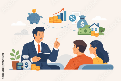 Professional financial advisor consulting a young couple on wealth management, investment strategies, savings, retirement planning, and real estate goals in a modern flat vector illustration.