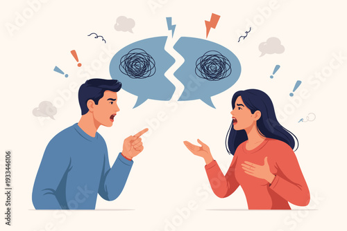 Communication Breakdown and Misunderstanding Concept with a Man and Woman Arguing, Featuring Broken Speech Bubbles, Angry Expressions, and Conflict Symbols in a Flat Vector Illustration Style